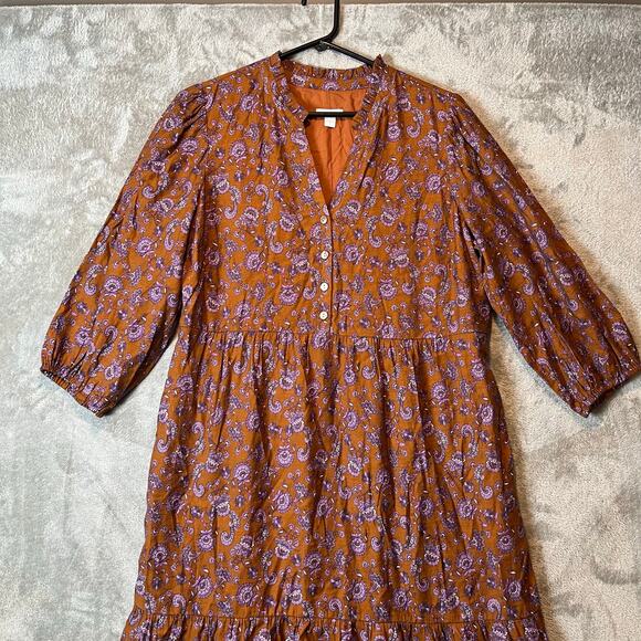 J.Jill Split Neck Tiered Maxi Bronze Purple‎ Paisley Size Small Oversized Boho - Picture 2 of 7